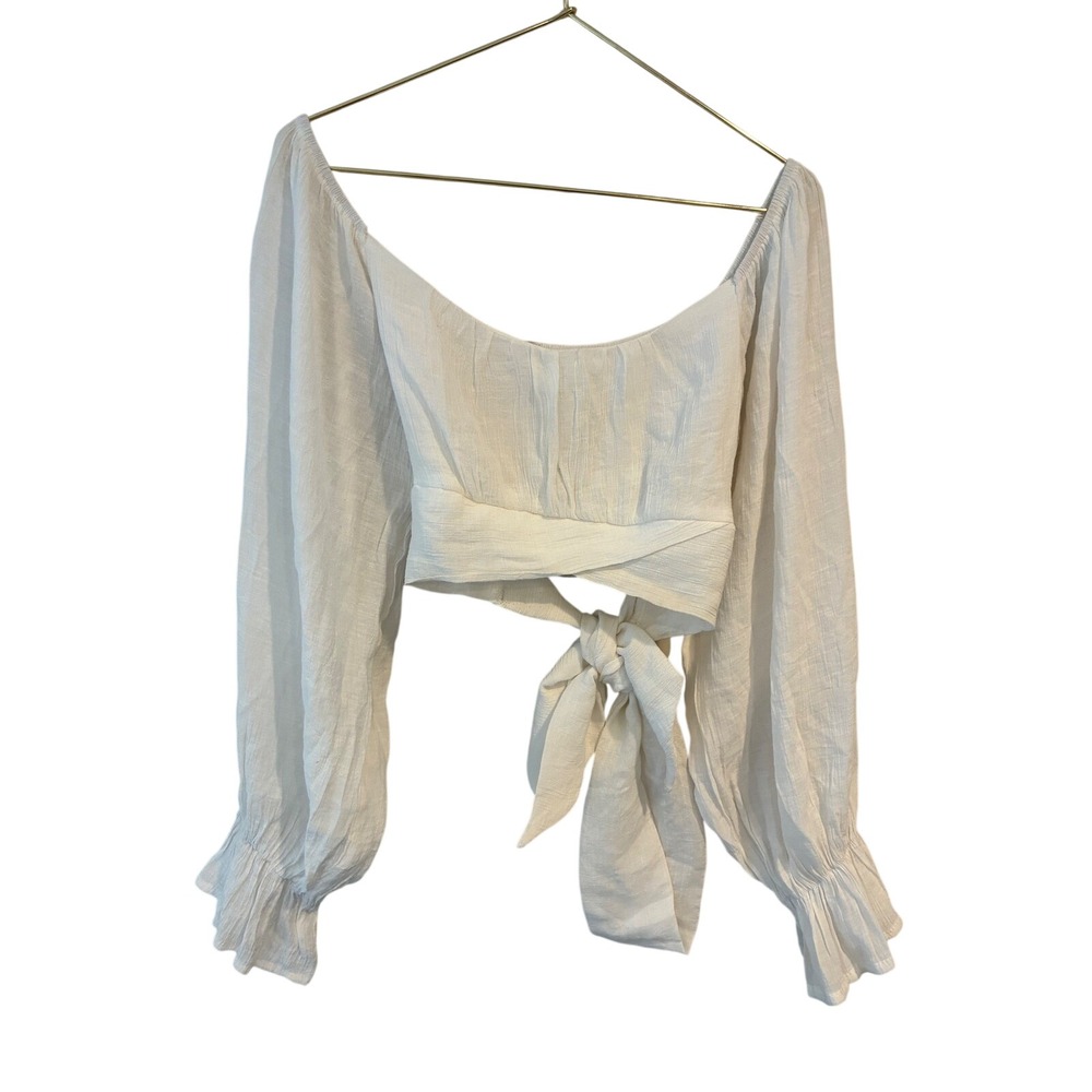 White Textured Gauze Balloon Sleeve Wrap Tie Waist Crop Top Blouse Medium